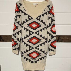 Derek Heart Aztec Sweater Dress | XL | Cream Black Red